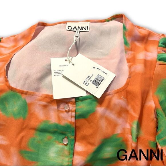 GANNI **NWT** Button-Up Puff Sleeve Crepe Blouse Vibrant Orange / Green Floral - Picture 16 of 16